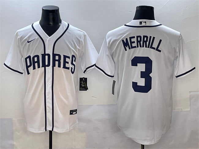 Men's San Diego Padres 3 Jackson Merrill White Cool Base Stitched Baseball Jersey