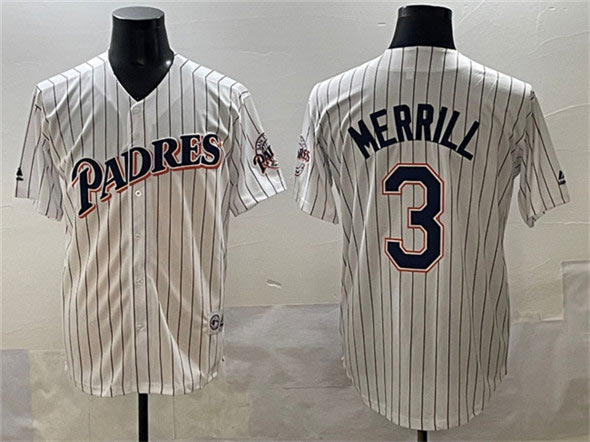 Men's San Diego Padres 3 Jackson Merrill White Throwback With Patch Cool Base Stitched Baseball Jersey