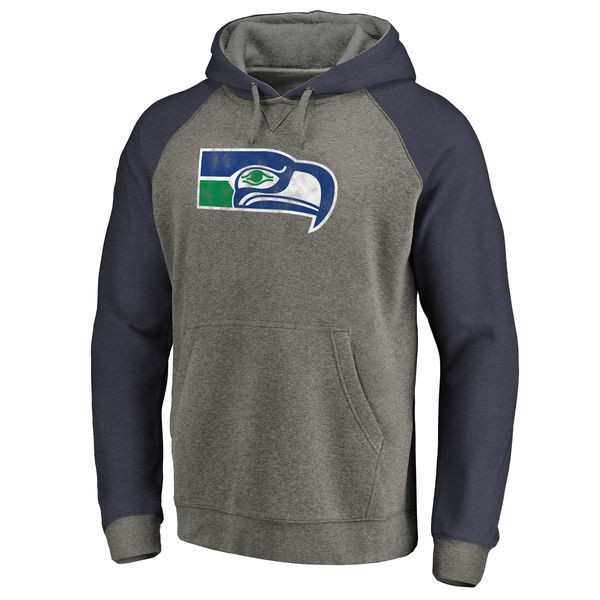 Men's Seattle Seahawks NFL Pro Line by Fanatics Branded Gray Navy Throwback Logo Tri Blend Raglan Pullover Hoodie