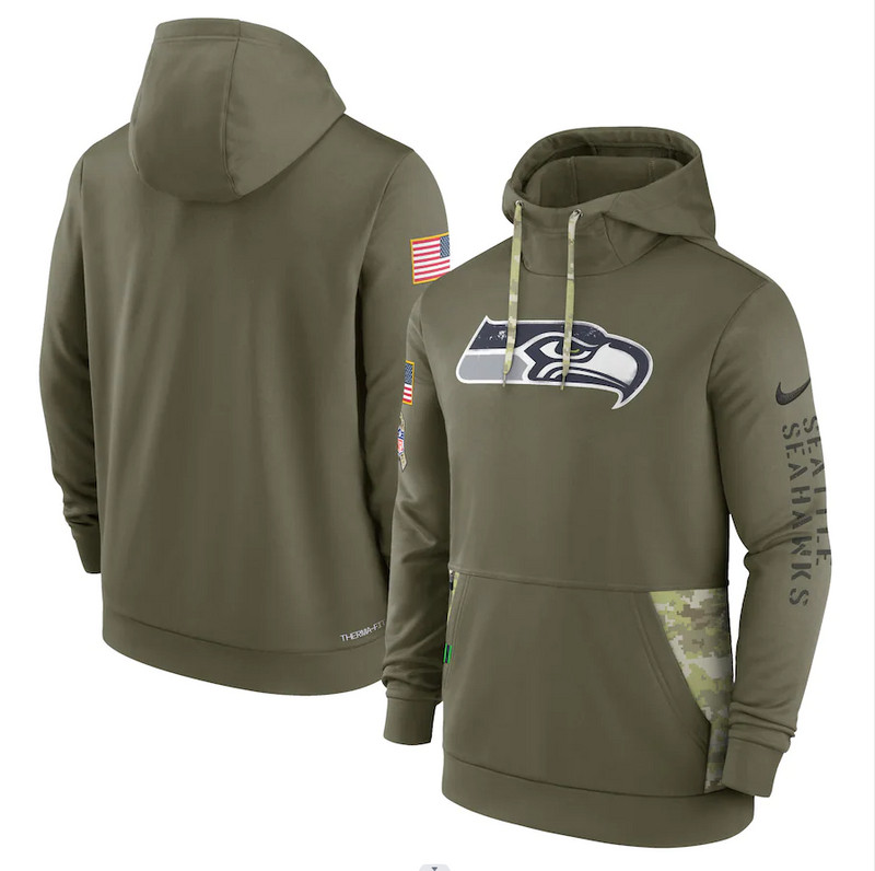 Men's Seattle Seahawks Nike Olive 2022 Salute to Service Therma Performance Pullover Hoodie