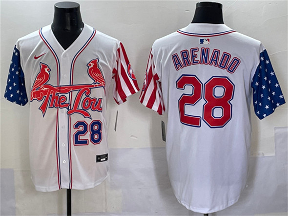 Men's St. Louis Cardinals 28 Nolan Arenado White Independence Day Vapor Premier Limited Stitched Baseball Jersey