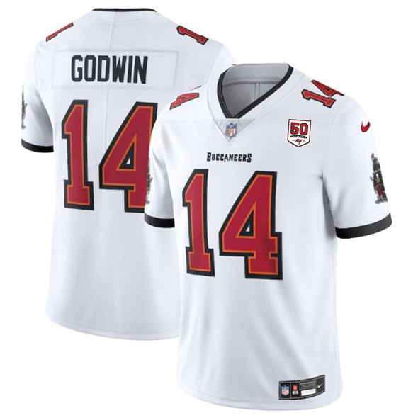 Men's Tampa Bay Buccaneers 14 Chris Godwin White 2025 50th Season patch Vapor Untouchable Limited Football Stitched Jersey