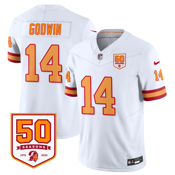 Men's Tampa Bay Buccaneers 14 Chris Godwin White 2025 F.U.S.E. 50th Anniversary Patch Vapor Limited Football Stitched Jersey