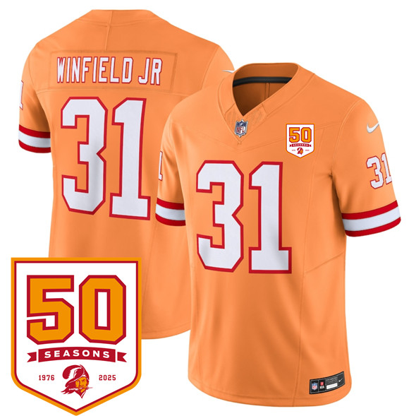 Men's Tampa Bay Buccaneers 31 Antoine Winfield Jr. Orange 2025 F.U.S.E. 50th Anniversary Patch Vapor Untouchable Limited Football Stitched Jersey