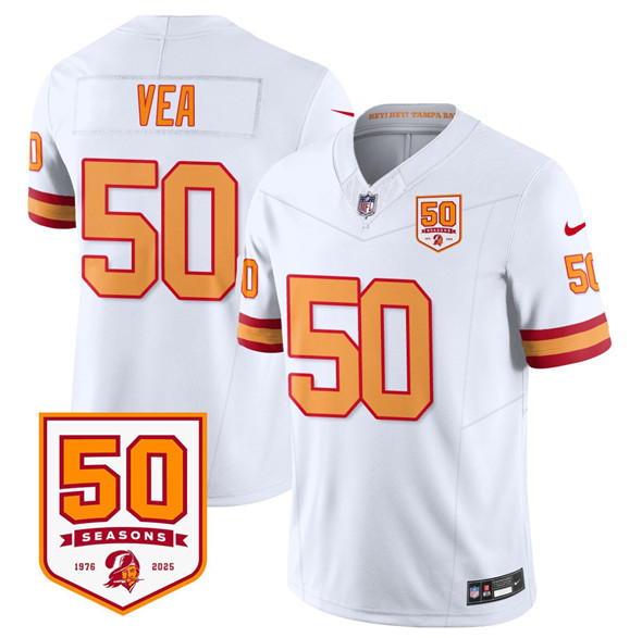 Men's Tampa Bay Buccaneers 50 Vita Vea White 2025 F.U.S.E. 50th Anniversary Patch Vapor Limited Football Stitched Jersey