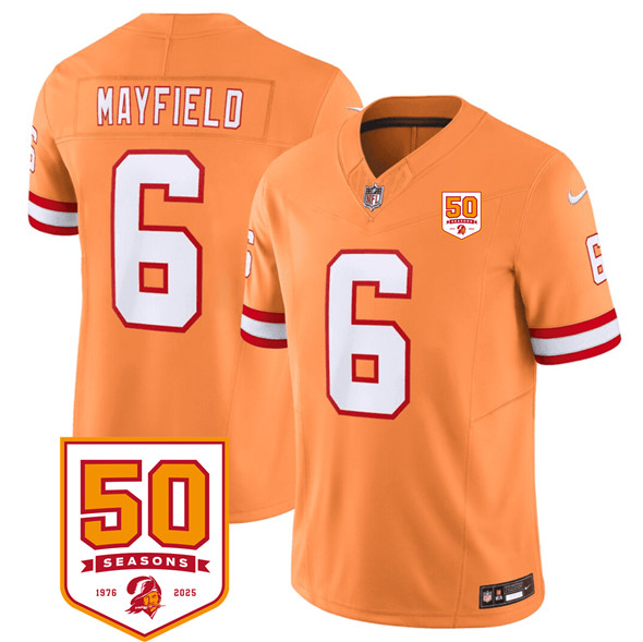 Men's Tampa Bay Buccaneers 6 Baker Mayfield Orange 2025 F.U.S.E. 50th Anniversary Patch Vapor Untouchable Limited Football Stitched Jersey