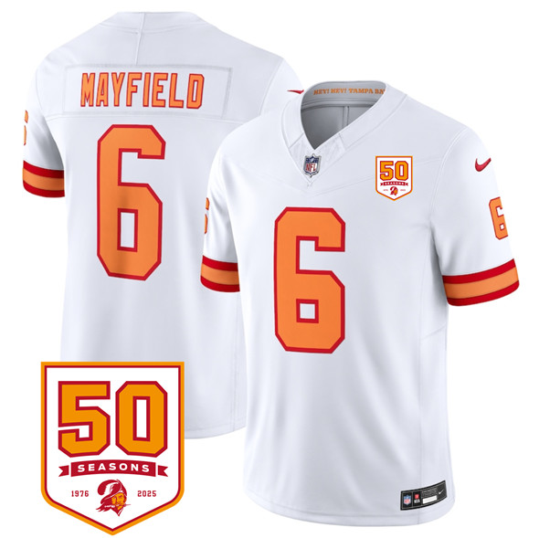 Men's Tampa Bay Buccaneers 6 Baker Mayfield White 2025 F.U.S.E. 50th Anniversary Patch Vapor Untouchable Limited Football Stitched Jersey