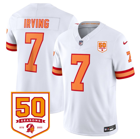 Men's Tampa Bay Buccaneers 7 Bucky Irving White 2025 F.U.S.E. 50th Anniversary Patch Vapor Untouchable Limited Football Stitched Jersey