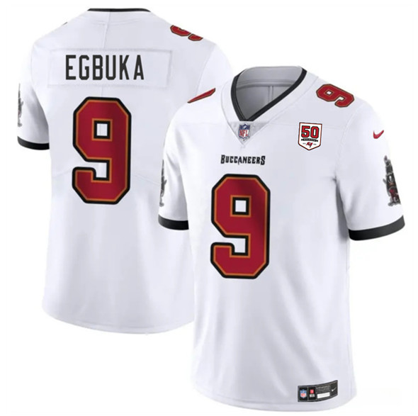 Men's Tampa Bay Buccaneers 9 Emeka Egbuka White 2025 Draft 50th Anniversary Patch Vapor Untouchable Limited Football Stitched Jersey