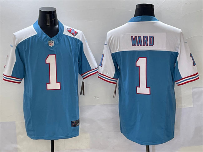 Men's Tennessee Titans 1 Cameron Ward Blue White 2025 Draft F.U.S.E. 1997 Throwback Patch Vapor Limited Football Stitched Jersey