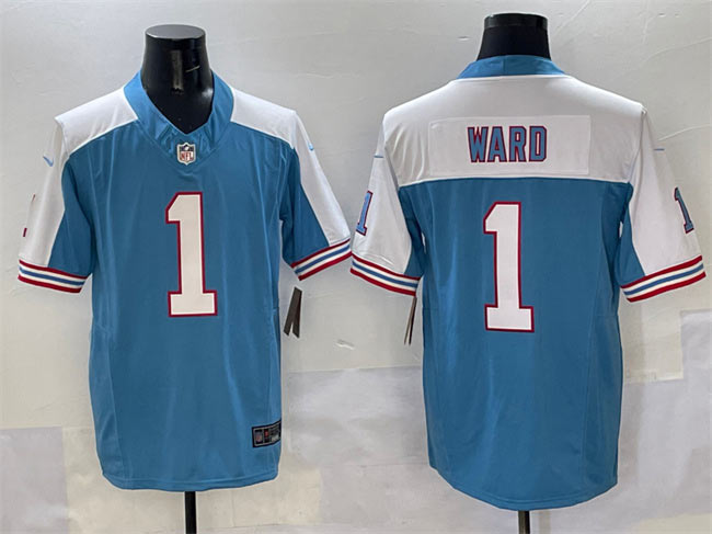 Men's Tennessee Titans 1 Cameron Ward Blue White 2025 Draft F.U.S.E. Vapor Limited Football Stitched Jersey