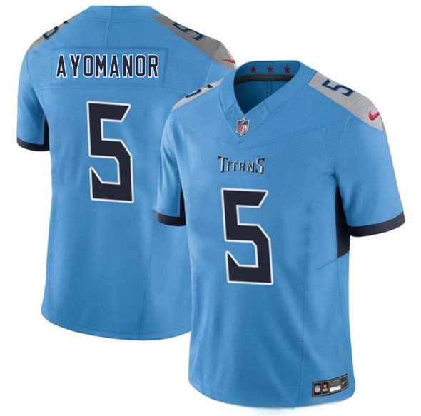 Men's Tennessee Titans 5 Elic Ayomanor Blue 2025 Draft F.U.S.E. Vapor Limited Football Stitched Jersey