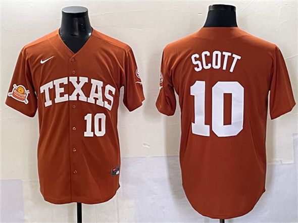 Men's Texas Longhorns 10 Mia Scott Orange 2025 Softball National Champions & SEC Patch Stitched Jersey