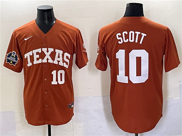 Men's Texas Longhorns 10 Mia Scott Orange 2025 World Series & SEC Patch Stitched Jersey