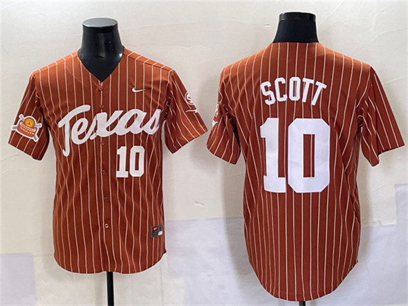 Men's Texas Longhorns 10 Mia Scott Orange Pinstripe 2025 Softball National Champions & SEC Patch Stitched Jersey
