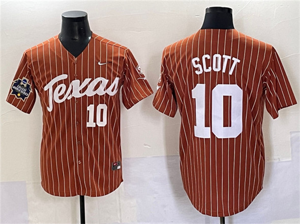 Men's Texas Longhorns 10 Mia Scott Orange Pinstripe 2025 World Series & SEC Patch Stitched Jersey