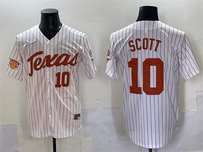 Men's Texas Longhorns 10 Mia Scott White Pinstripe 2025 Softball National Champions & SEC Patch Stitched Jersey