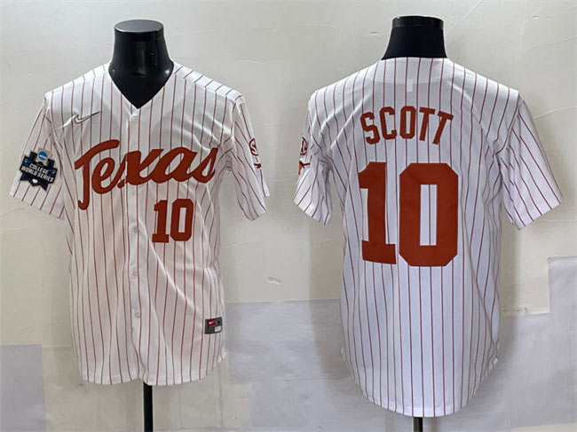 Men's Texas Longhorns 10 Mia Scott White Pinstripe 2025 World Series & SEC Patch Stitched Jersey