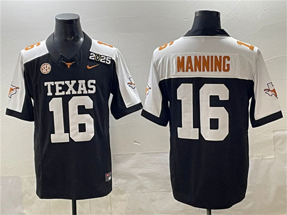 Men's Texas Longhorns 16 Peyton Manning Black F.U.S.E. 2025 CFP Final With SEC Patch Stitched Jersey