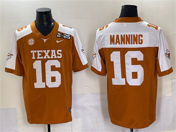 Men's Texas Longhorns 16 Peyton Manning Orange 2025 CFP Final With SEC Patch Stitched Jersey