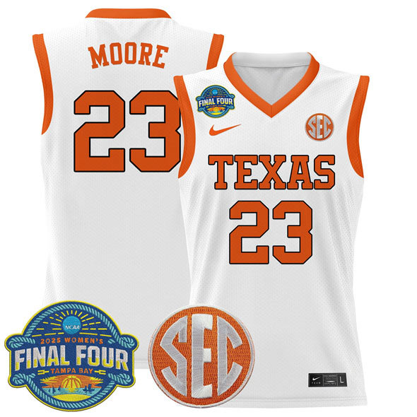 Men's Texas Longhorns 35 Aaliyah Moore White 2025 Sec Women’s Final Four Patch Stitched Basketball Jersey