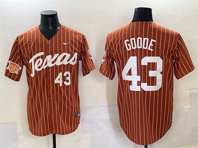 Men's Texas Longhorns 43 Leighann Goode Orange Pinstripe 2025 Softball National Champions & SEC Patch Stitched Jersey