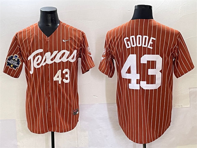 Men's Texas Longhorns 43 Leighann Goode Orange Pinstripe 2025 World Series & SEC Patch Stitched Jersey