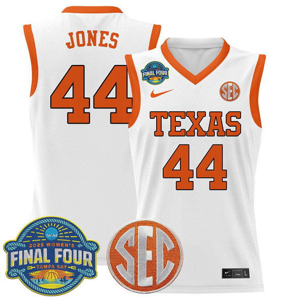 Men's Texas Longhorns 44 Taylor Jones White 2025 Sec Women’s Final Four Patch Stitched Basketball Jersey