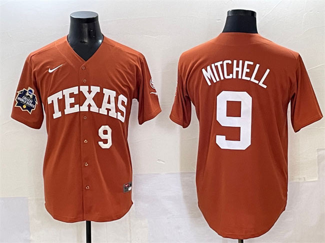 Men's Texas Longhorns 9 Joley Mitchell Orange 2025 World Series & SEC Patch Stitched Jersey