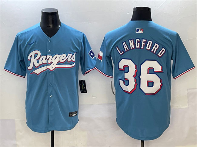 Men's Texas Rangers 36 Wyatt Langford Blue Limited Stitched Baseball Jersey