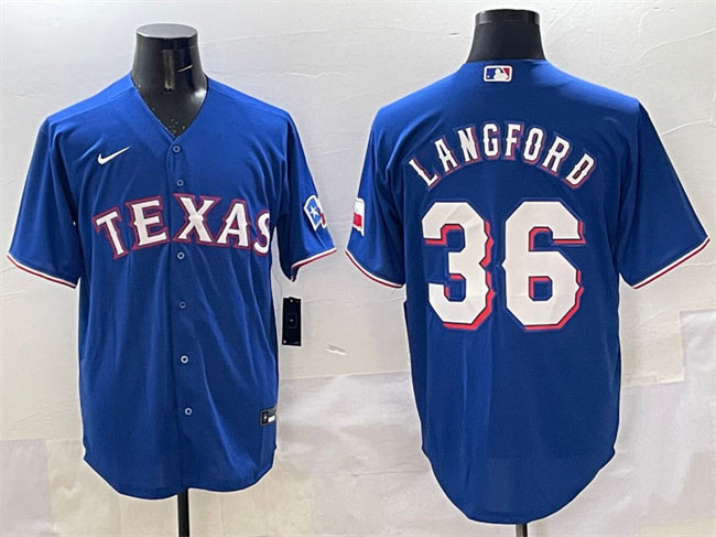Men's Texas Rangers 36 Wyatt Langford Royal Cool Base Limited Stitched Baseball Jersey