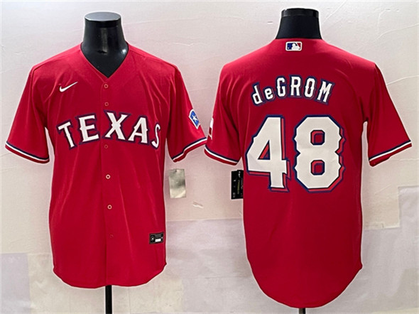 Men's Texas Rangers 48 Jacob deGrom Red With Patch Cool Base Stitched Baseball Jersey