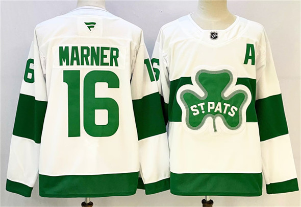Men's Toronto Maple Leafs 16 Mitchell Marner White Green 2024 25 With A Patch Stitched Jersey