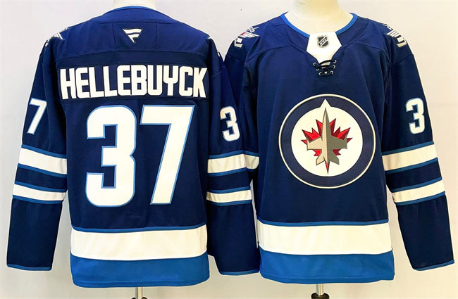 Men's Winnipeg Jets 37 Connor Hellebuyck Connor Hellebuyck Navy 2024 25 Home Stitched Hockey Jersey