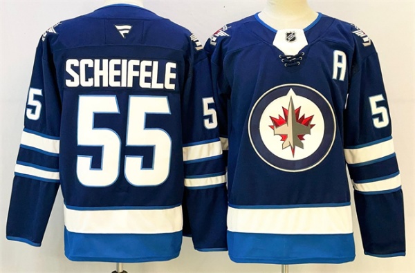Men's Winnipeg Jets 55 Mark Scheifele Navy 2024 25 With A Patch Home Stitched Hockey Jersey