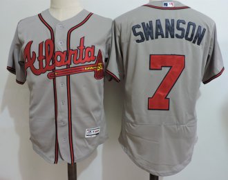 Men Atlanta Braves 7 Dansby Swanson Majestic Home Grey Flex Base Collection Player Jersey