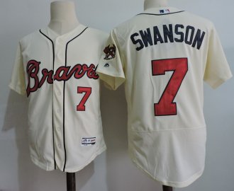 Men Atlanta Braves 7 Dansby Swanson Majestic Home Ivory Flex Base Collection Player Jersey