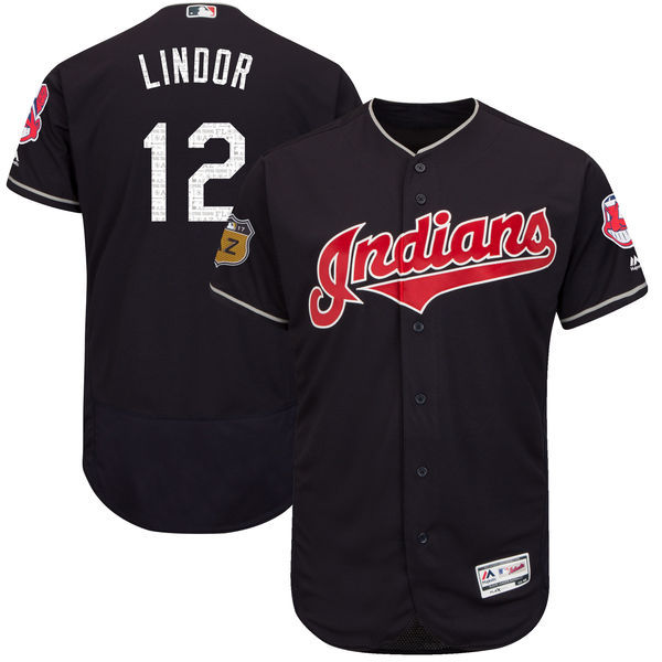 Men Cleveland Indians Francisco Lindor Majestic Navy 2017 Spring Training Flex Base Player Jersey