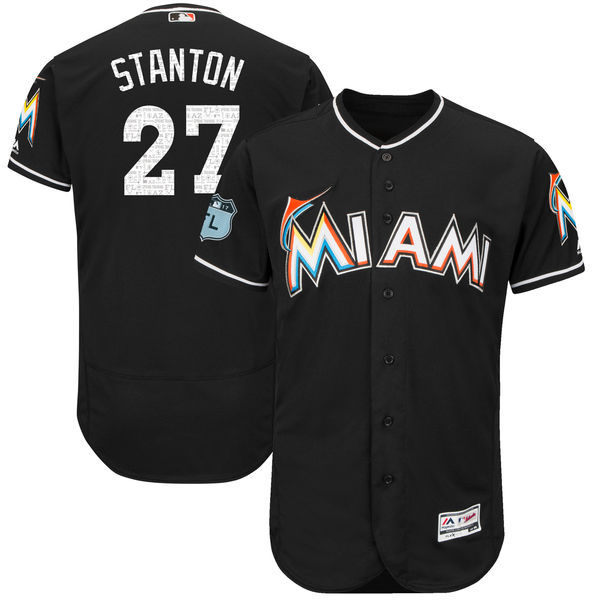 Men Miami Marlins Giancarlo Stanton Majestic Black 2017 Spring Training Cool Base Player Jersey