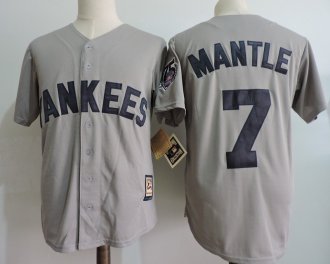 Men New York Yankees Mickey 7 Mantle Gray Throwback with 75th patch Cool base Jersey