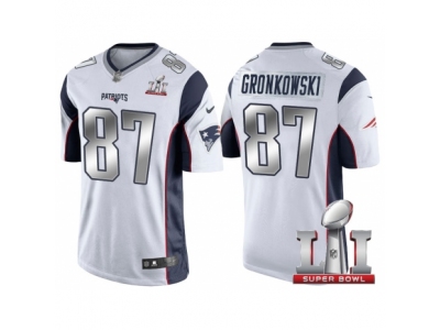 Men  New England Patriots 87 Rob Gronkowski White 2017 Super Bowl 51 Patch Steel Silver Limited Jersey
