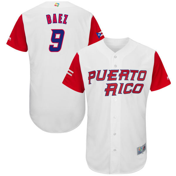 Men Puerto Rico Baseball 9 Javier Baez Majestic White 2017 World Baseball Classic Jersey