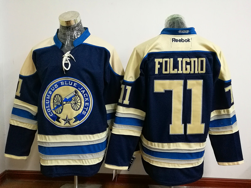 Men Reebok Columbus Blue Jackets 71 Nick Foligno Authentic Navy Blue Third NHL Jersey