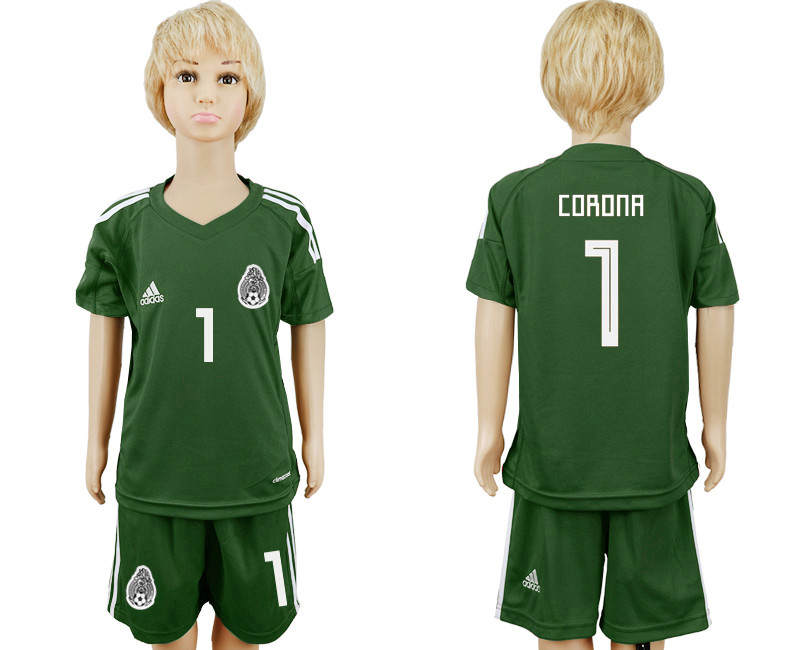Mexico 1 CORONA Army Green Goalkeeper Youth 2018 FIFA World Cup Soccer Jersey