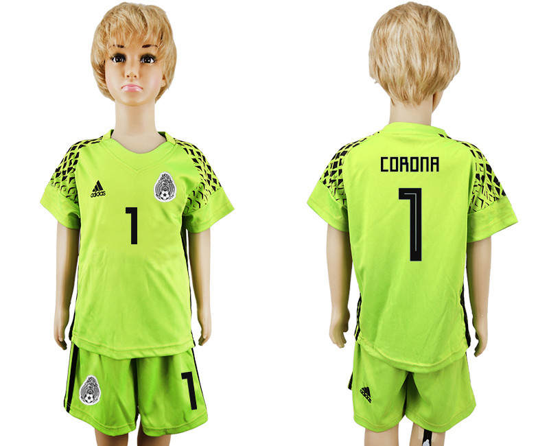 Mexico 1 CORONA Fluorescent Green Goalkeeper Youth 2018 FIFA World Cup Soccer Jersey