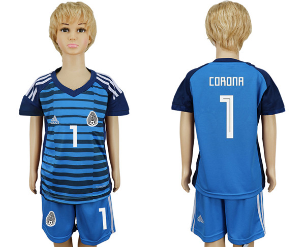 Mexico 1 CORONA Lake Blue Goalkeeper Youth 2018 FIFA World Cup Soccer Jersey