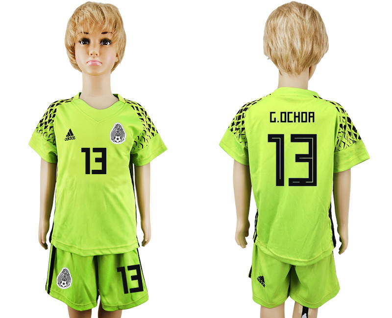 Mexico 13 G.OCHOA Fluorescent Green Goalkeeper Youth 2018 FIFA World Cup Soccer Jersey
