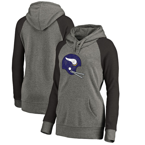 Minnesota Vikings NFL Pro Line by Fanatics Branded Women's Throwback Logo Tri Blend Raglan Plus Size Pullover Hoodie Gray Black
