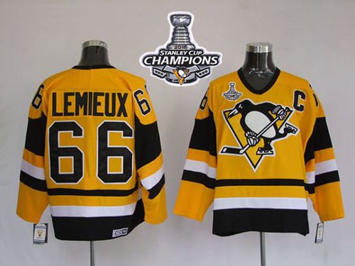 Mitchell Ness Penguins 66 Mario Lemieux Yellow 2016 Stanley Cup Champions Stitched NHL Jersey