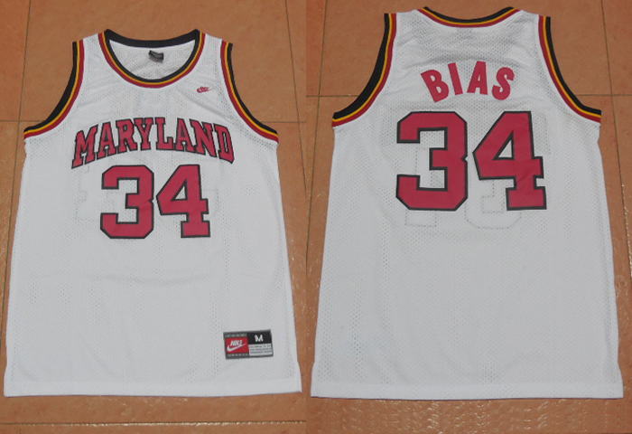 NCAA 34 Len Bias Jersey 1985 Maryland Terps University Throwback Basketball White Jersey